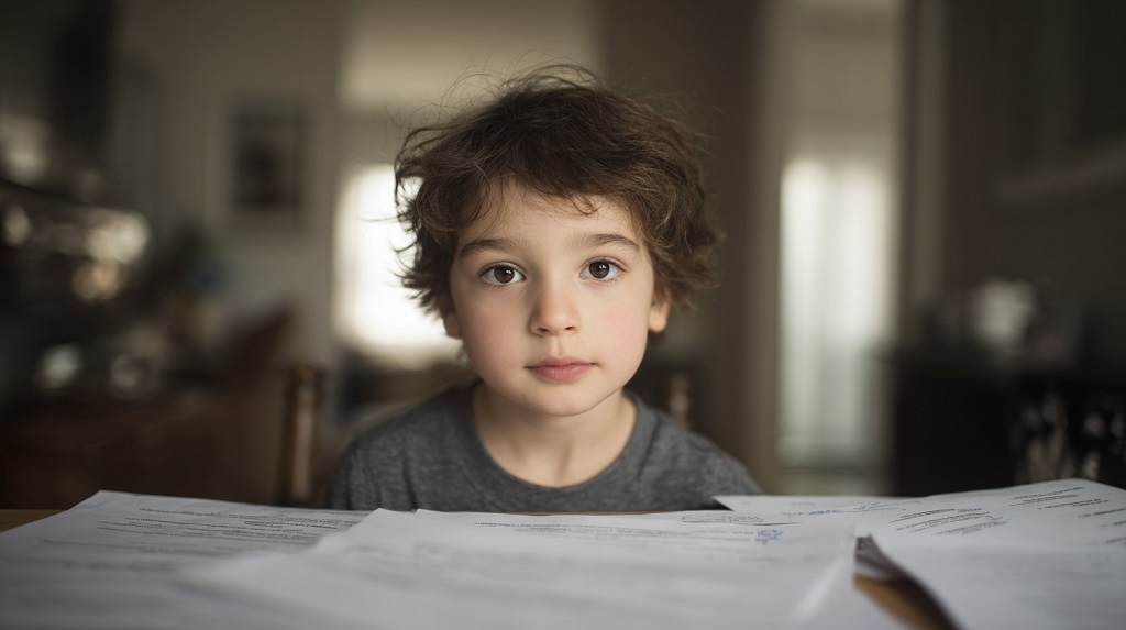 Maloletno dete sedi za stolom ispred dokumentacije koja se odnosi na saglasnost roditelja za putovanje