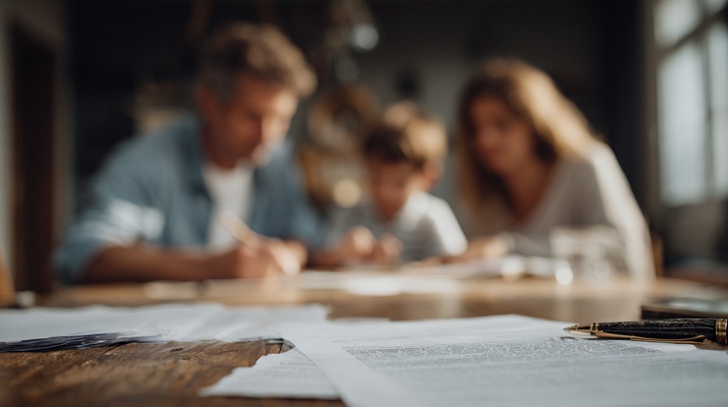 Roditelji i dete za stolom sa dokumentima potrebnim za saglasnost za putovanje maloletnog deteta u inostranstvo