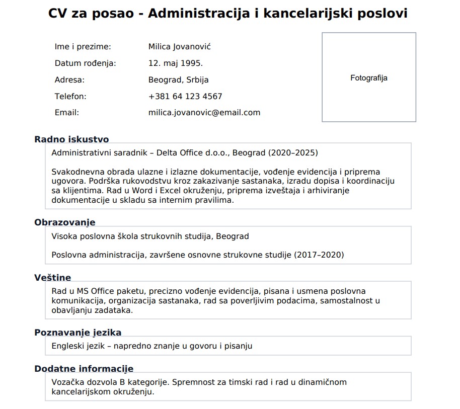 CV za posao - Administracija i kancelarijski poslovi