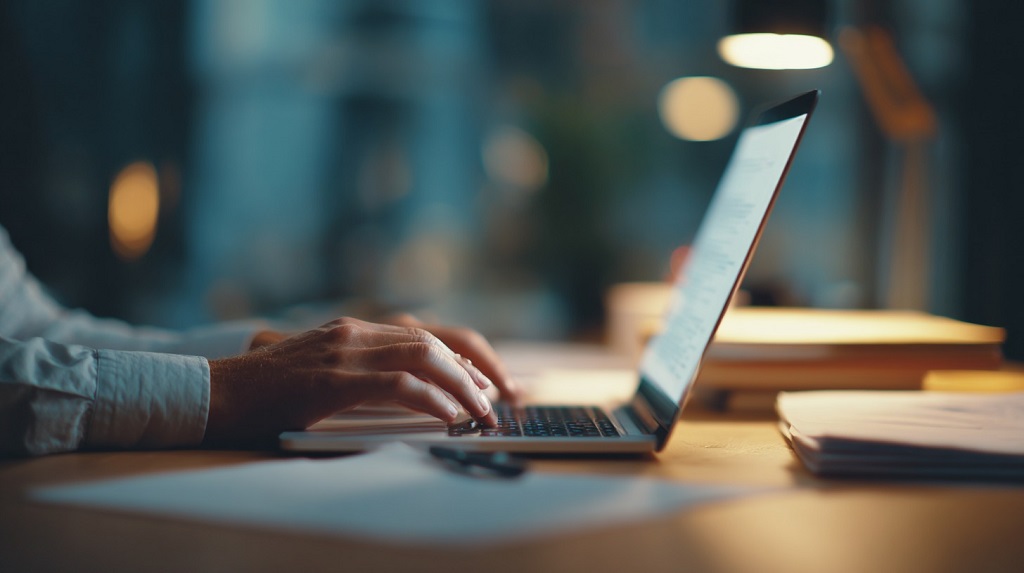 Osoba radi na laptopu uz dokumenta na stolu