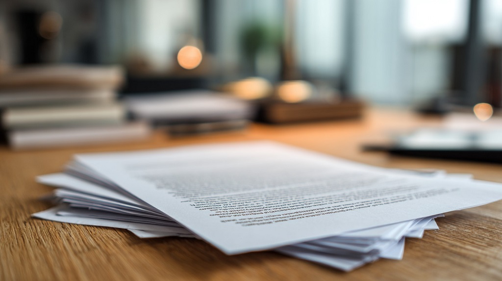 Dokumenta složena na kancelarijskom stolu, simbol jasno pripremljenog obrasca ovlašćenja za vozilo