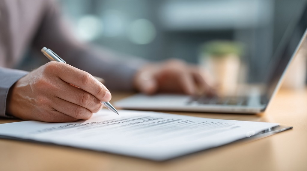 Ruka koja potpisuje zvanični dokument uz otvoren laptop, u kancelarijskom okruženju