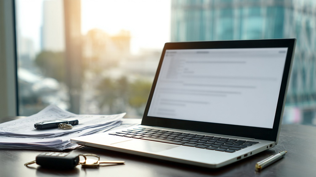 Laptop i dokumenta na stolu sa ključevima automobila