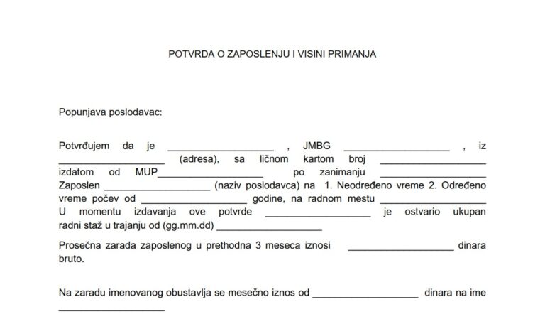 Potvrda o visini primanja obrazac