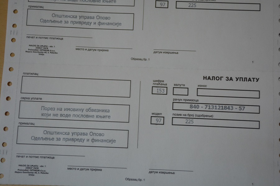 Uplatnica za plaćanje poreza na imovinu