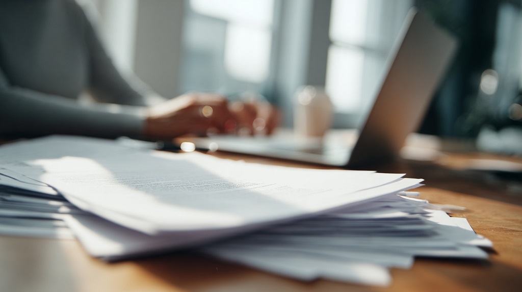 Osoba radi za laptopom uz dokumentaciju na stolu, fokus na papirologiji i administrativnom radu