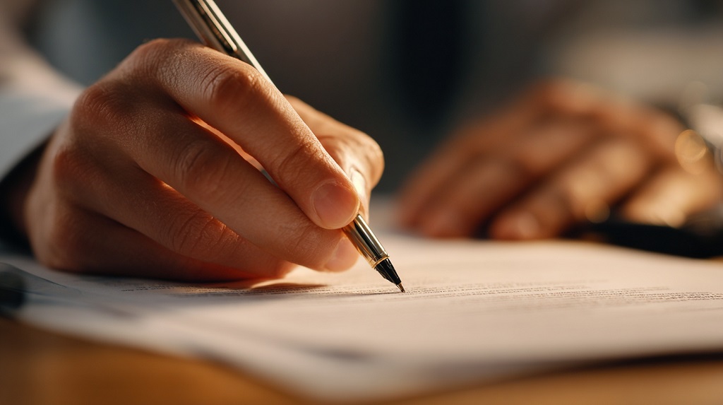Ruka piše po dokumentu hemijskom olovkom, fokus na popunjavanju obrasca i administrativnoj preciznosti