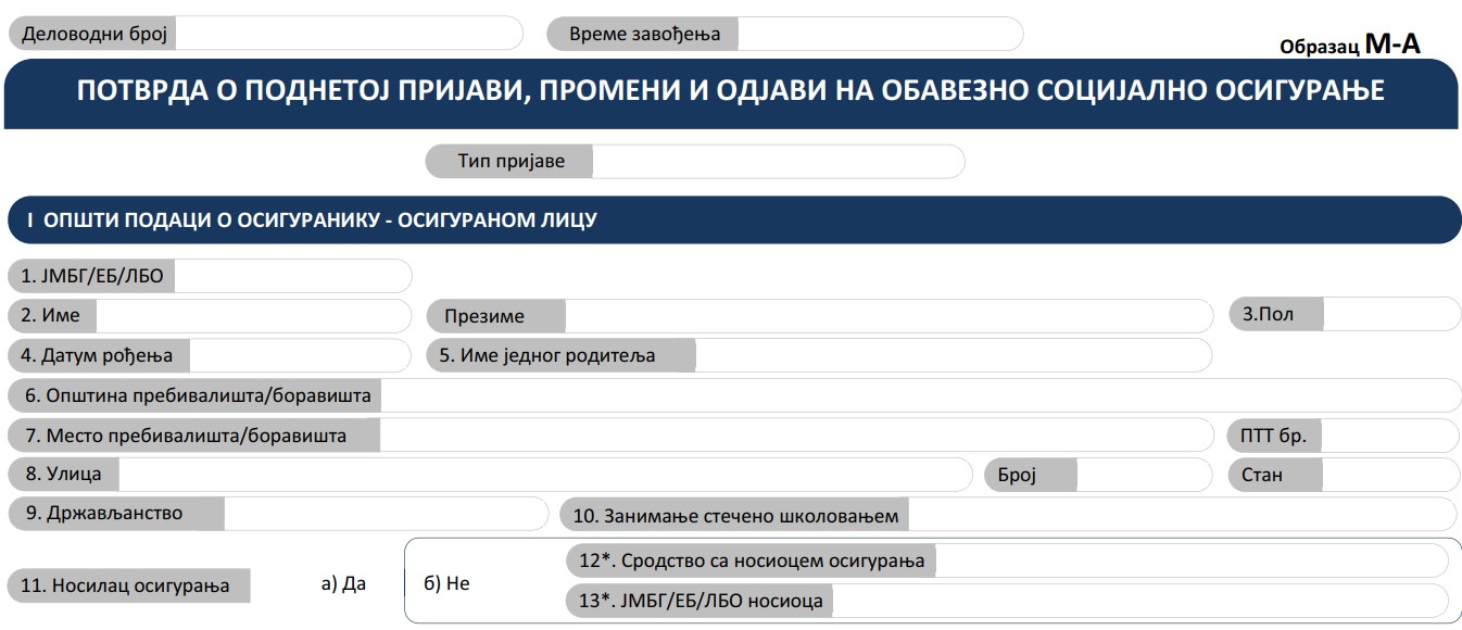 Obrazac M-A: prijava, promena i odjava na obavezno socijalno osiguranje