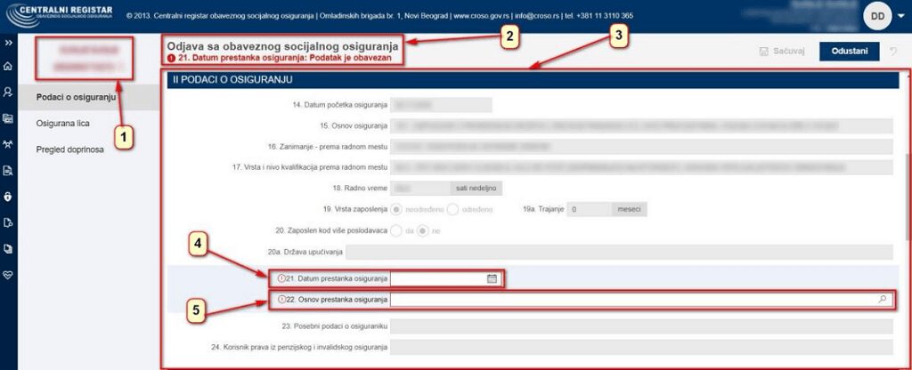 Prikaz ekrana CROSO sistema za odjavu sa obaveznog socijalnog osiguranja sa označenim poljima za unos datuma i osnova prestanka osiguranja