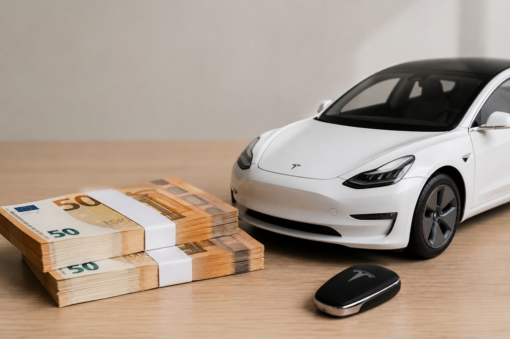 Tesla automobil i ključ i pored svežanj para
