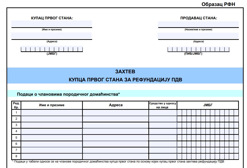 RFN Obrazac – Zahtev kupca prvog stana za refundaciju PDV