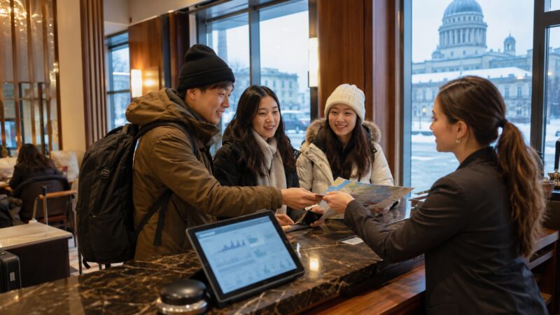 Strani turisti sa mapom prijavljuju se na recepciji modernog hotela u Srbiji tokom zime, dok se u prvom planu vidi tablet sa turističkom statistikom