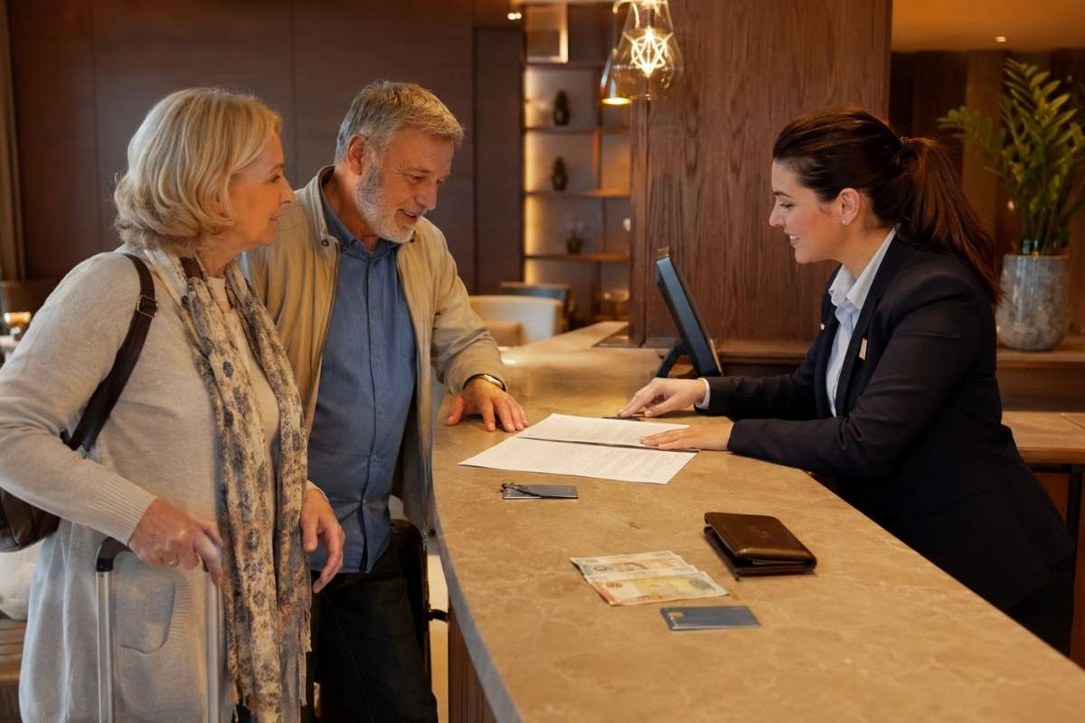 Stariji par prijavljuje smeštaj na recepciji hotela, dok recepcionerka pokazuje dokumenta na pultu pored novca, novčanika i kartice.