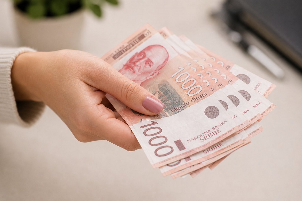Ženska ruka drži novčanice od 1.000 dinara kao ilustraciju jednokratne pomoći od 6.000 dinara