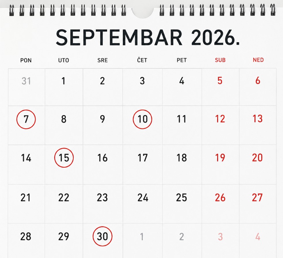 Poreski kalendar za septembar 2026 – Svi rokovi za prijave i plaćanje poreza