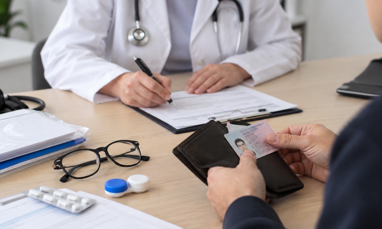 Kandidat za vozača na lekarskom pregledu pokazuje ličnu kartu, dok su na stolu naočare, kutijica za sočiva, medicinska dokumentacija i formular koji popunjava lekar