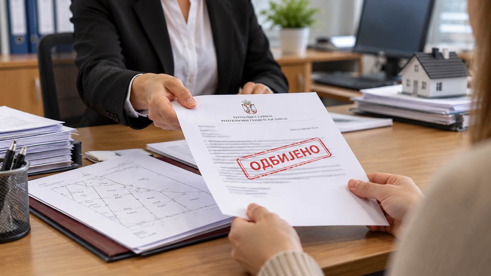 Službenica katastra predaje građaninu rešenje o odbijanju zahteva za ispravku podataka o nepokretnosti.