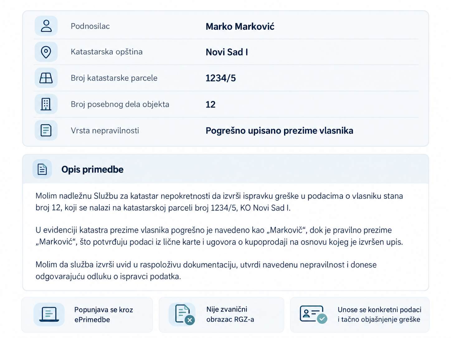 Primer popunjenog zahteva za ispravku pogrešno upisanog prezimena vlasnika u katastru putem ePrimedbe.